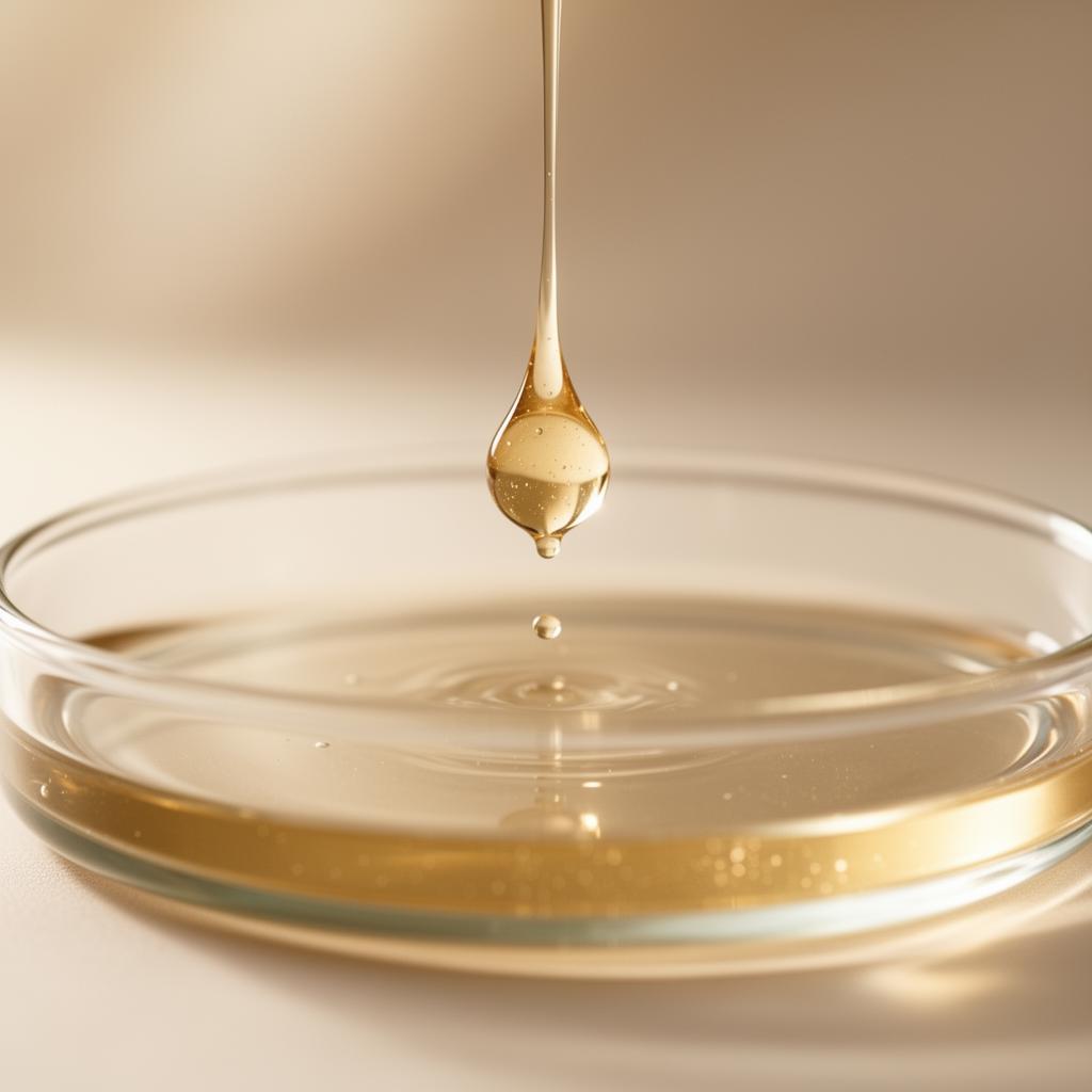 Golden serum dropping into a glass dish — bioregenerative skincare